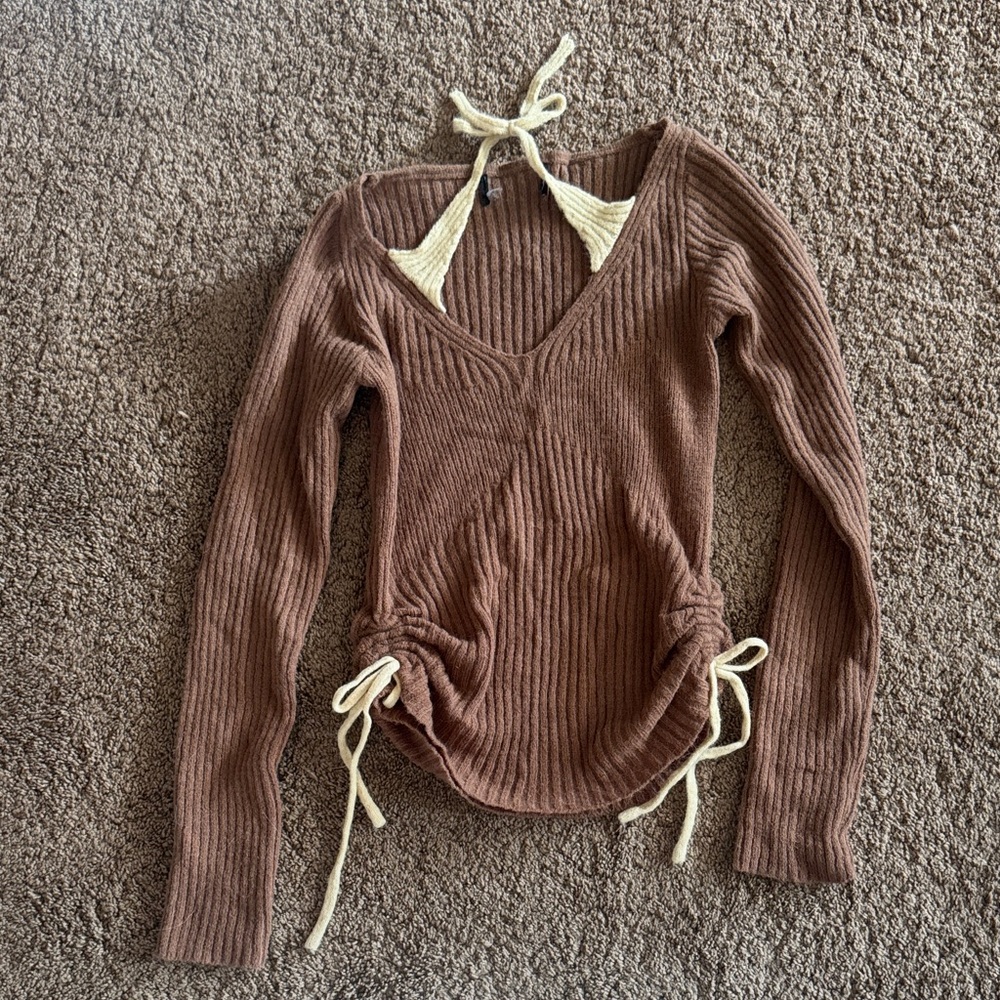 Brown Ribbed Long Sleeve Top